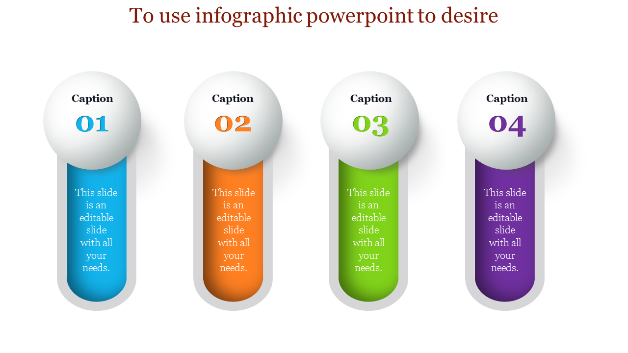 Infographic PowerPoint template featuring four sections with colorful circular icons and captions.