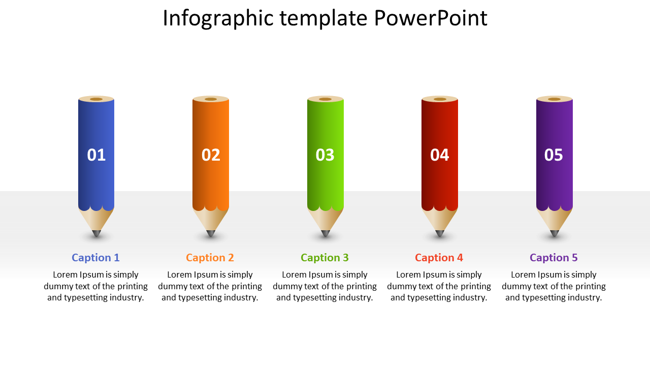 Colorful pencil shaped infographic with numbered sections in blue, orange, green, red, and purple on a white background.