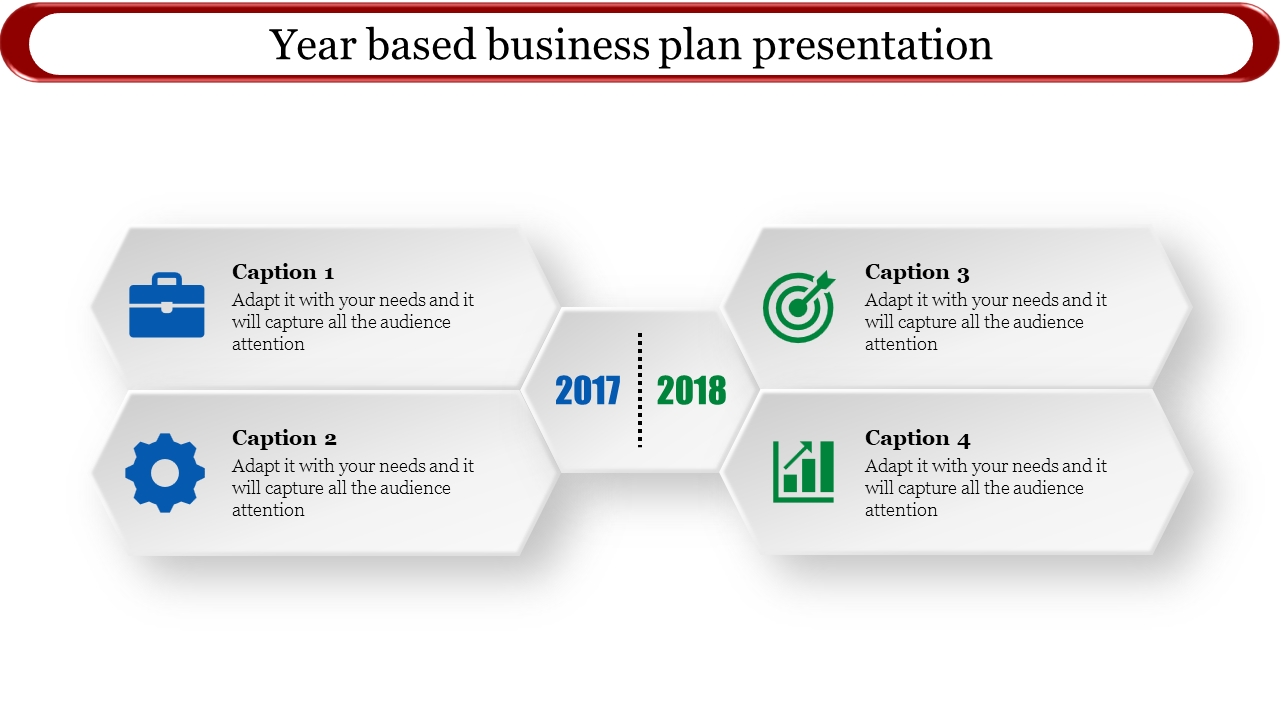 Year-based business plan slide with a timeline dividing 2017 and 2018, showcasing captions with blue and green icons.