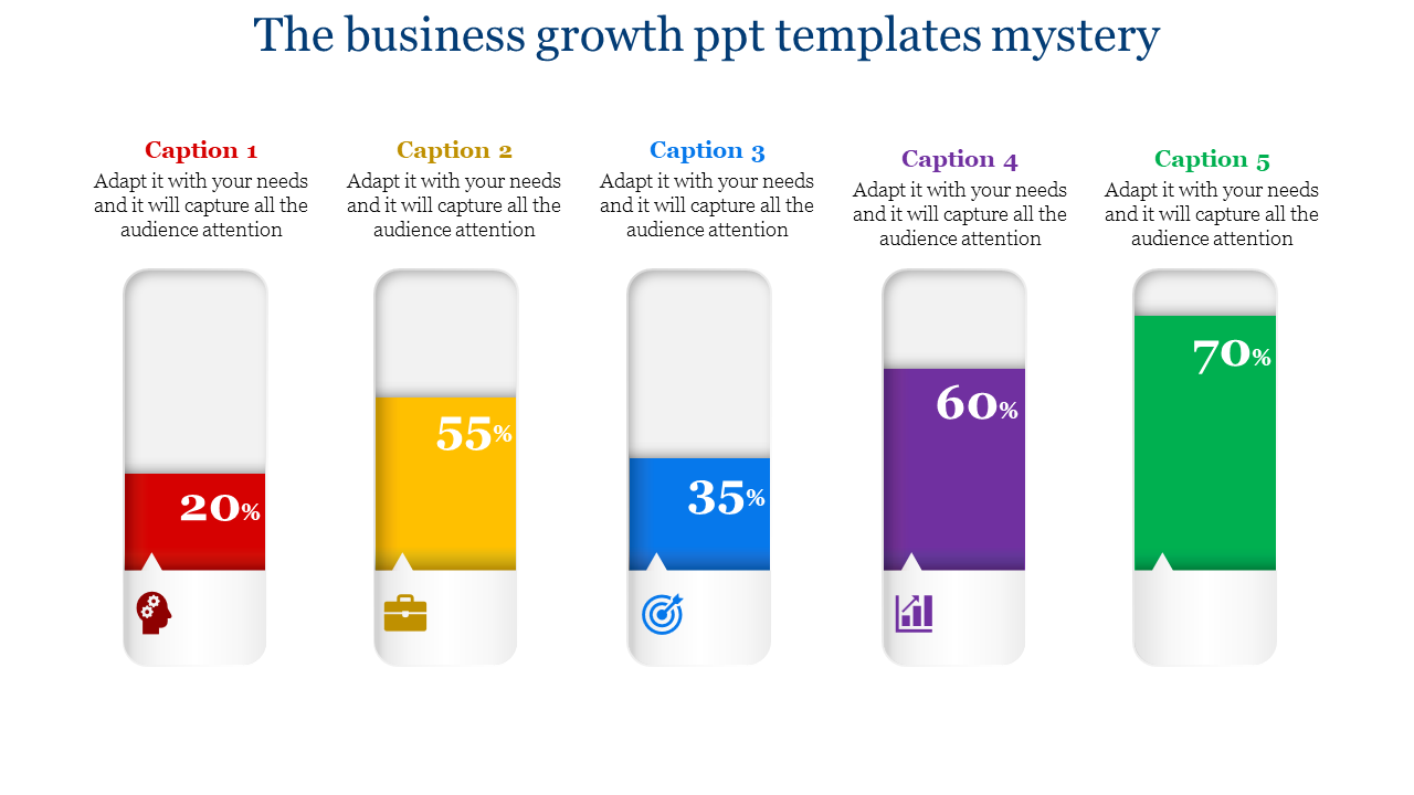 Business growth PowerPoint template with five vertical percentage bars in red, yellow, blue, purple, and green with captions.