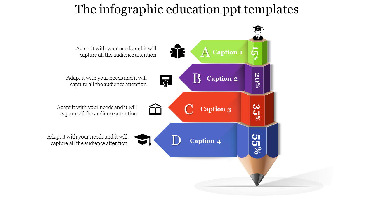 Infographic education PPT template with a colorful pencil design and percentage blocks for captions 1 to 4.