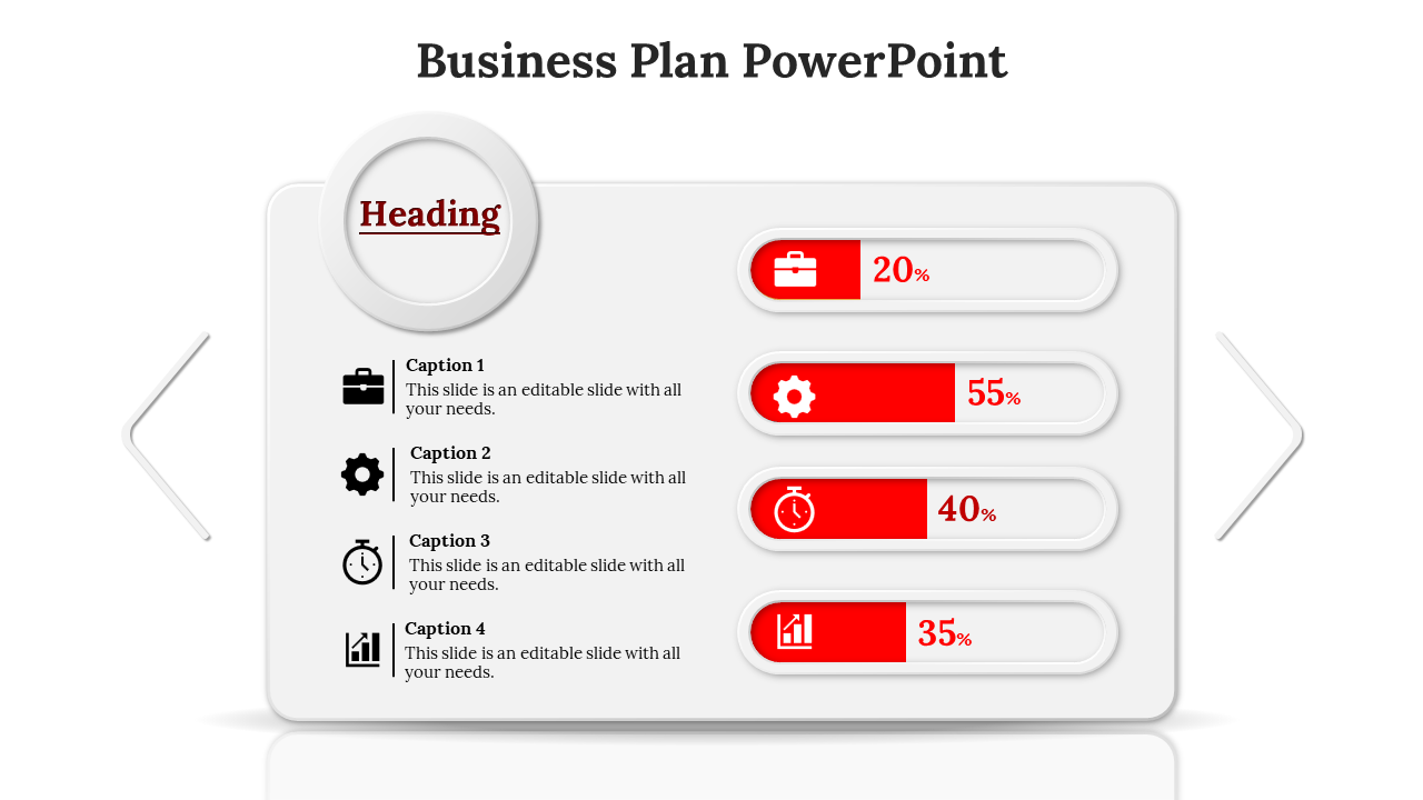 Business slide featuring a circular heading, four icons with captions, paired with red progress bars with percentages.