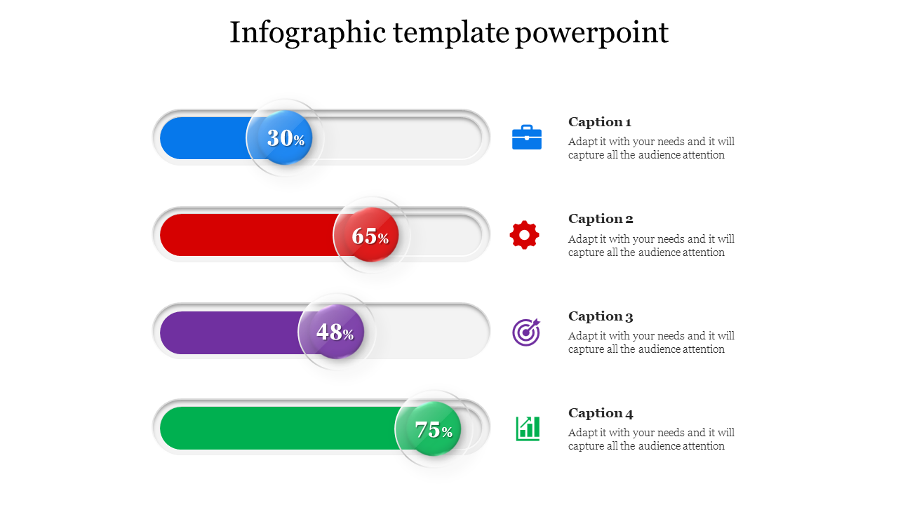 Infographic PowerPoint template featuring colorful progress bars with percentages and corresponding icons.