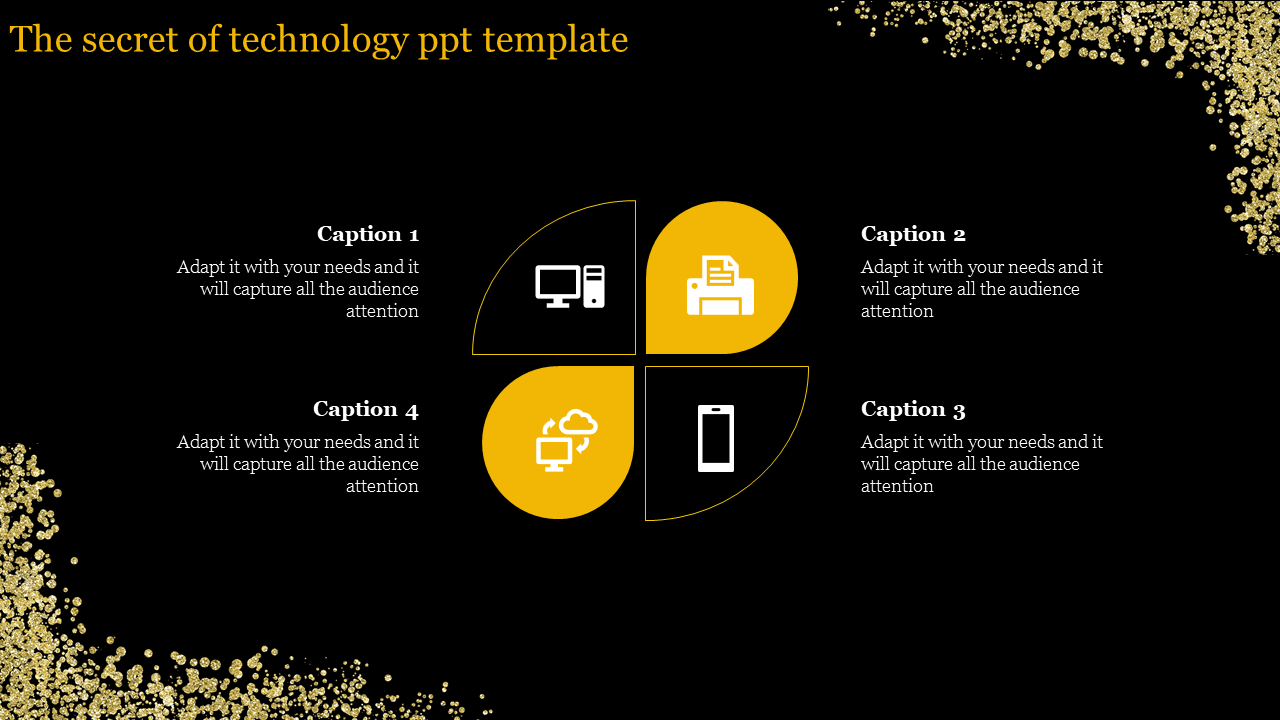 Black slide with four segmented yellow circle showcasing icons, surrounded by captions and gold glitter accents.