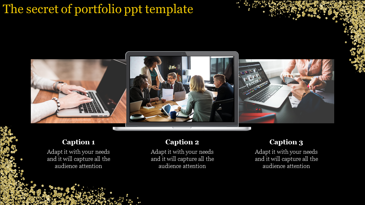 Black and gold-themed portfolio slide showcasing teamwork and workspace visuals with captions areas.