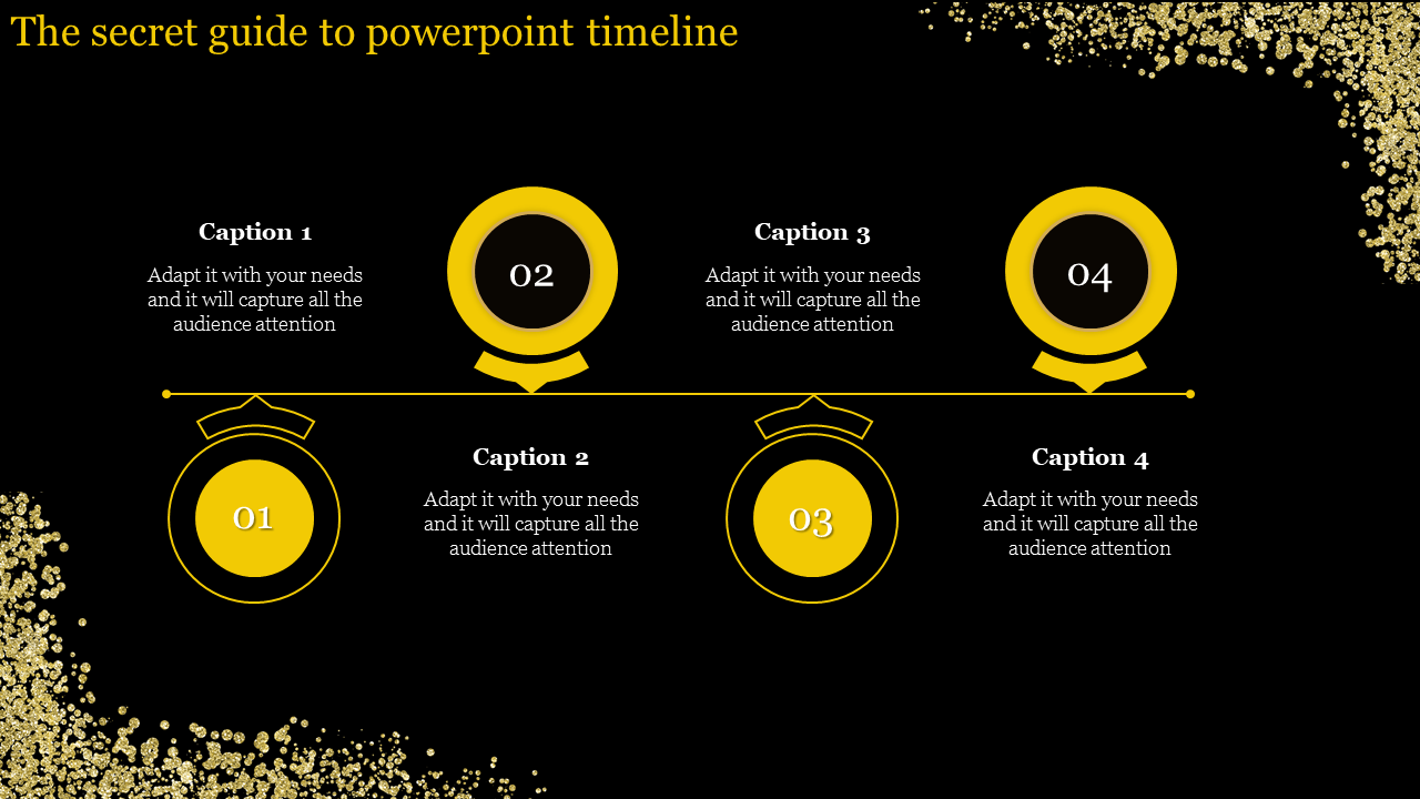 Stylized timeline with yellow circles marking milestones, connected by a line with decorative accents.