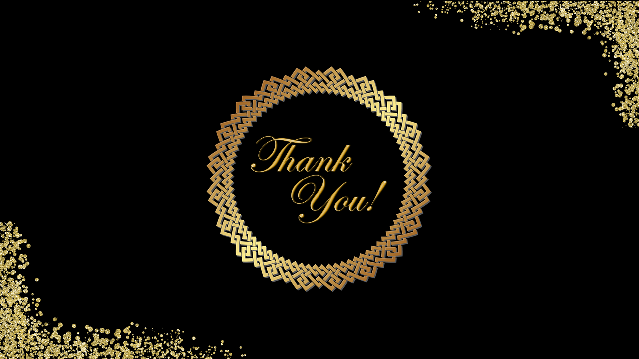 Thank you slide featuring a gold patterned circle and scattered gold particles on a black background with a title text.