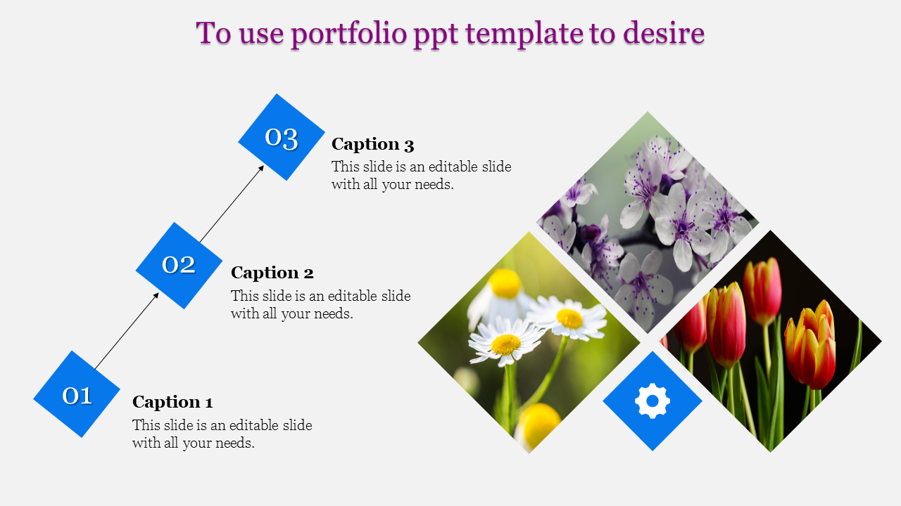 Portfolio PowerPoint template with three sections featuring floral images and icons, with text captions for each section.