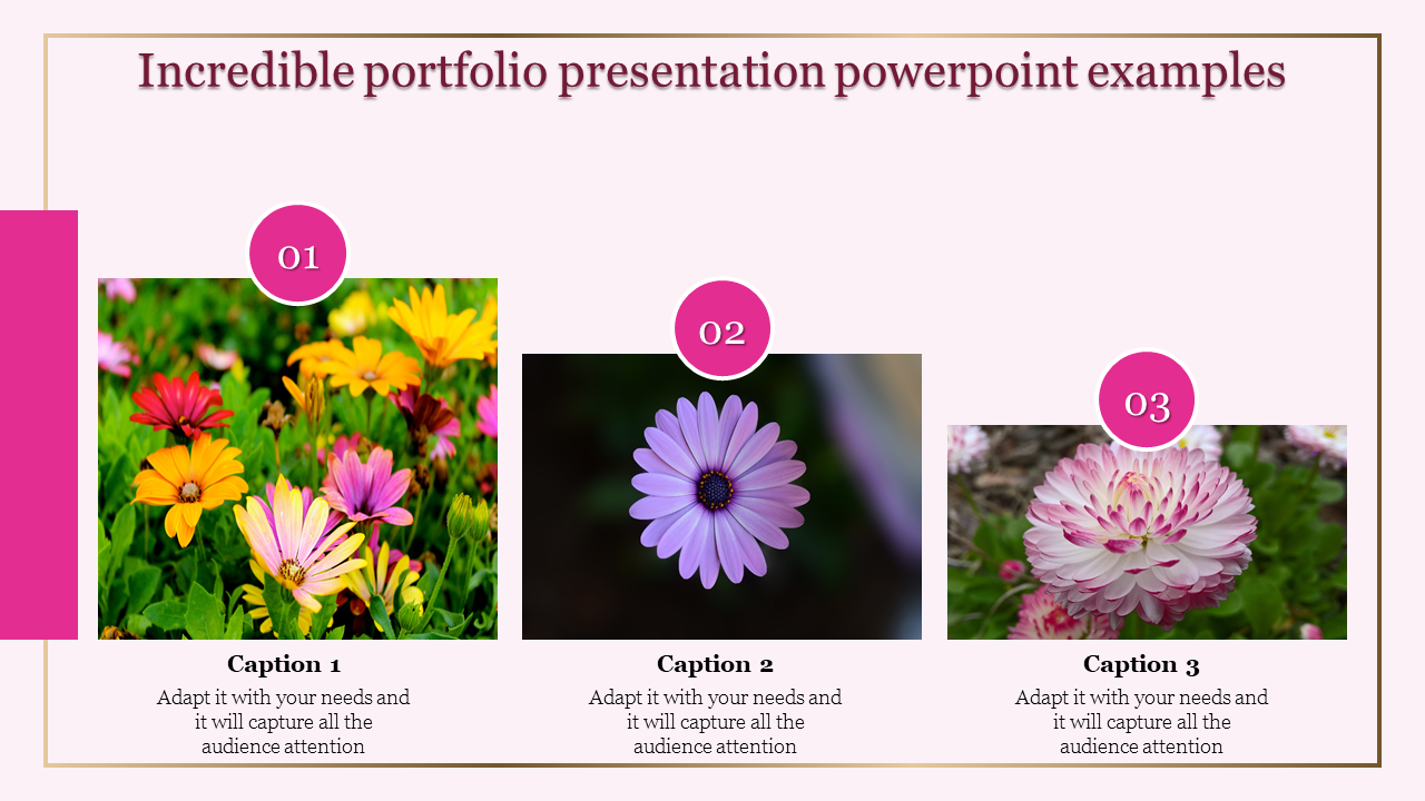 Three image layout showcasing vibrant flowers in a pink themed slide with numbered circular overlays.