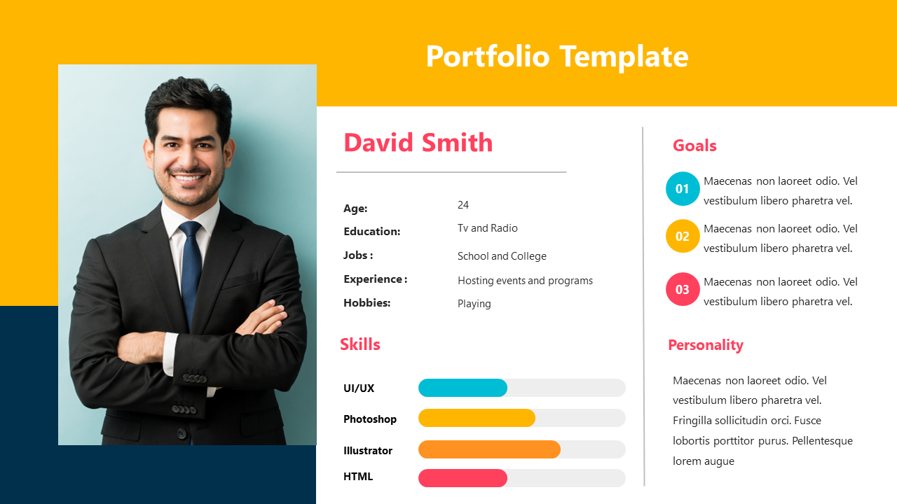 Professional portfolio layout with a profile picture on the left and details organized with bright colors on the right.