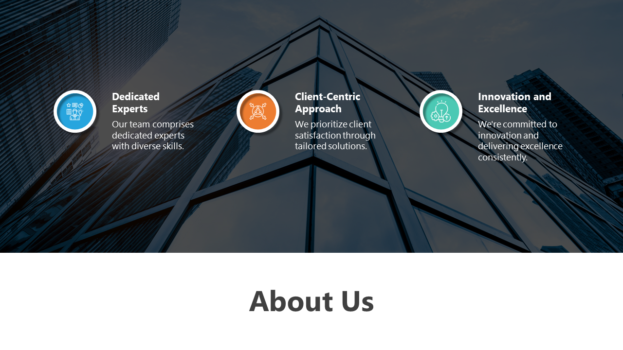 About Us slide with colorful icons and text showcasing three sections over a cityscape background and text descriptions.