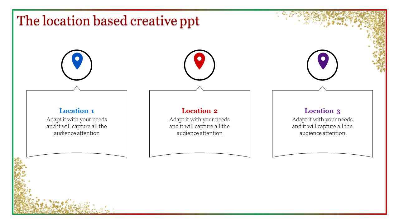 Creative PowerPoint template with three location icons and text blocks labeled 3 locations with placeholder text.