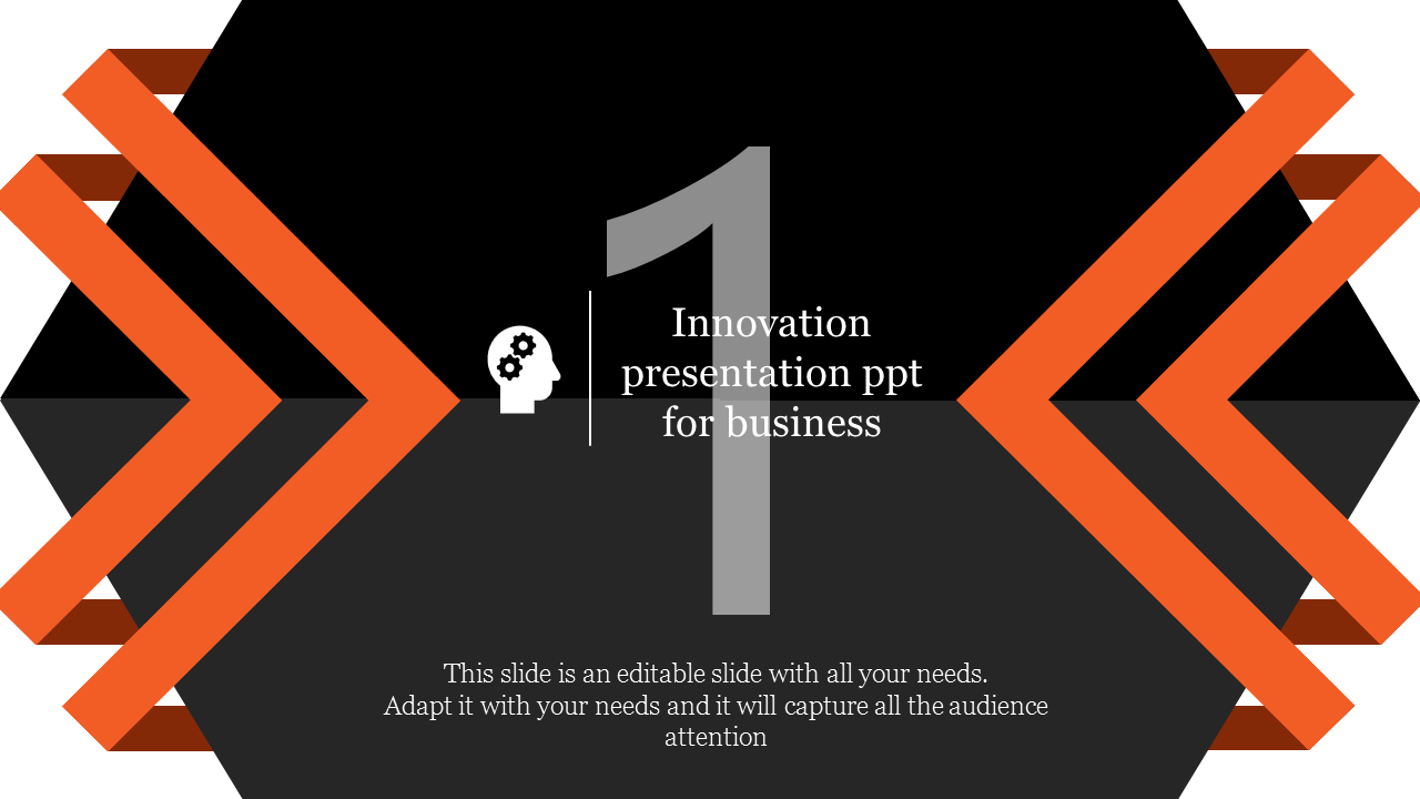 Business innovation slide with a large number 1, orange arrows, and a head icon symbolizing creative thinking.