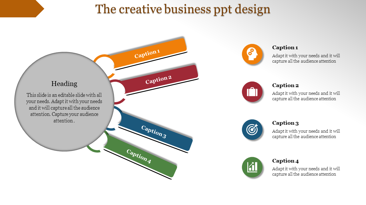 Creative business PowerPoint slide with colorful icons and sections for various topics with captions and placeholder text.