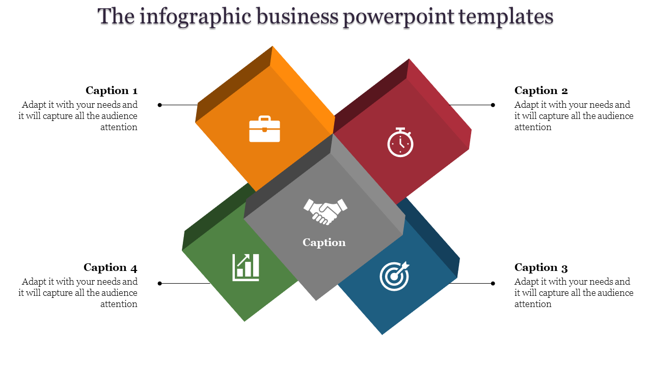 Infographic slide with diamond shaped blocks in orange, red, green, blue, and gray, featuring business related icons.