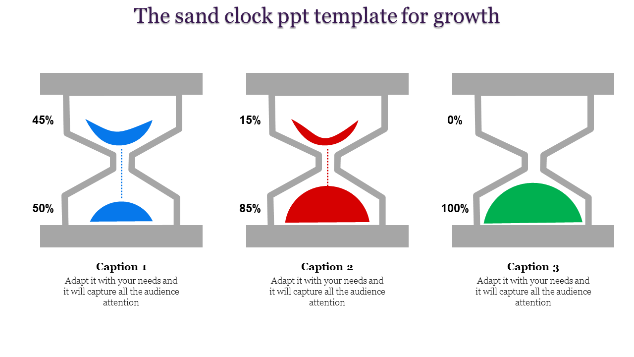 A creative sand clock slide illustrating growth percentages with blue, red, and green sand indicators with captions.