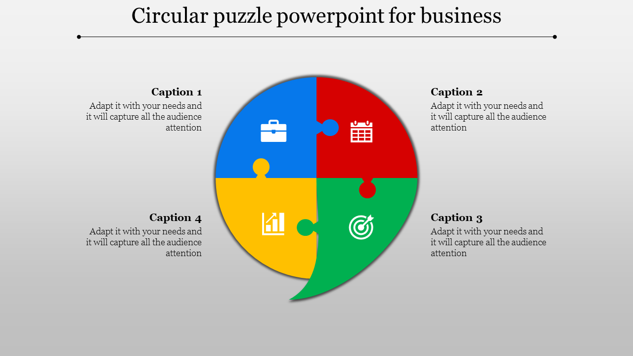 A circular puzzle diagram is divided into four colored sections, each representing a business concept with icons.