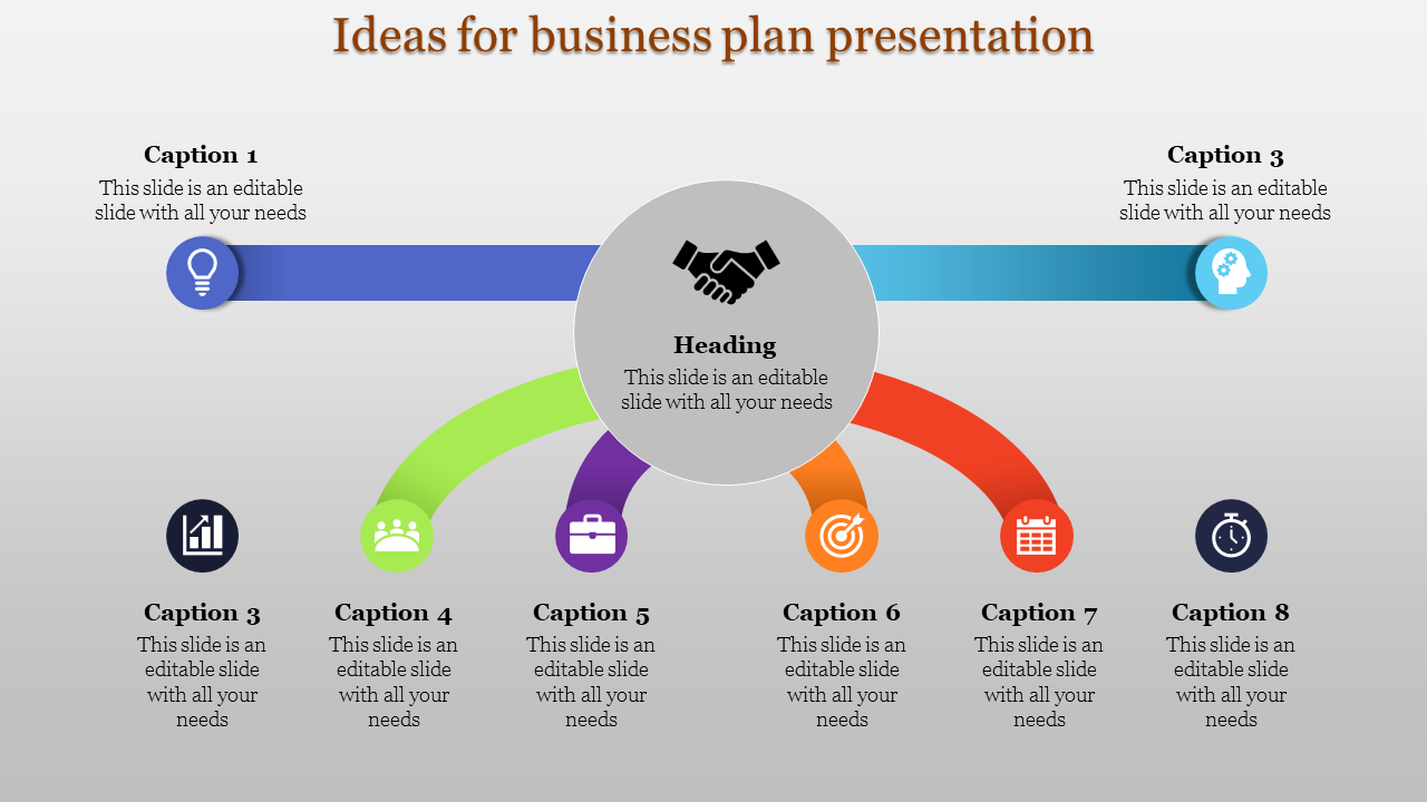 Business plan slide with a central circle and eight captions in blue, green, orange, and purple, each connected to icons.