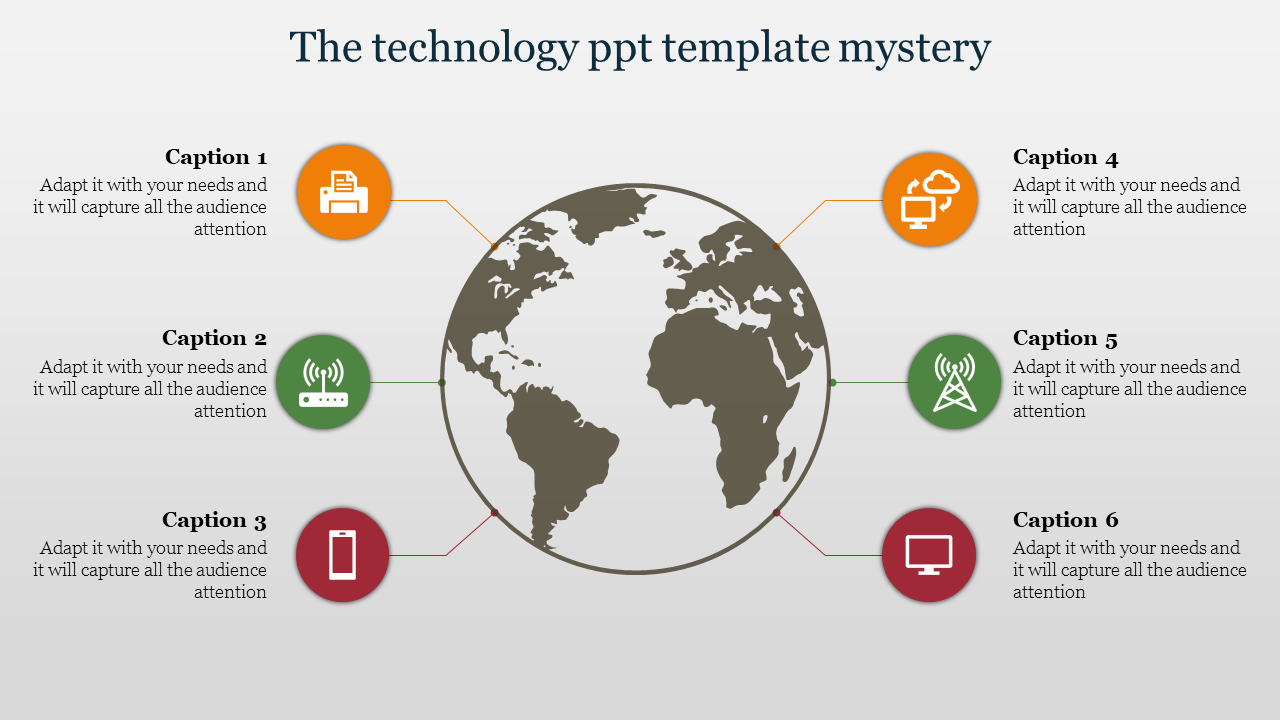 Circular world map surrounded by six connected icons in orange, green, and red circles on both sides.