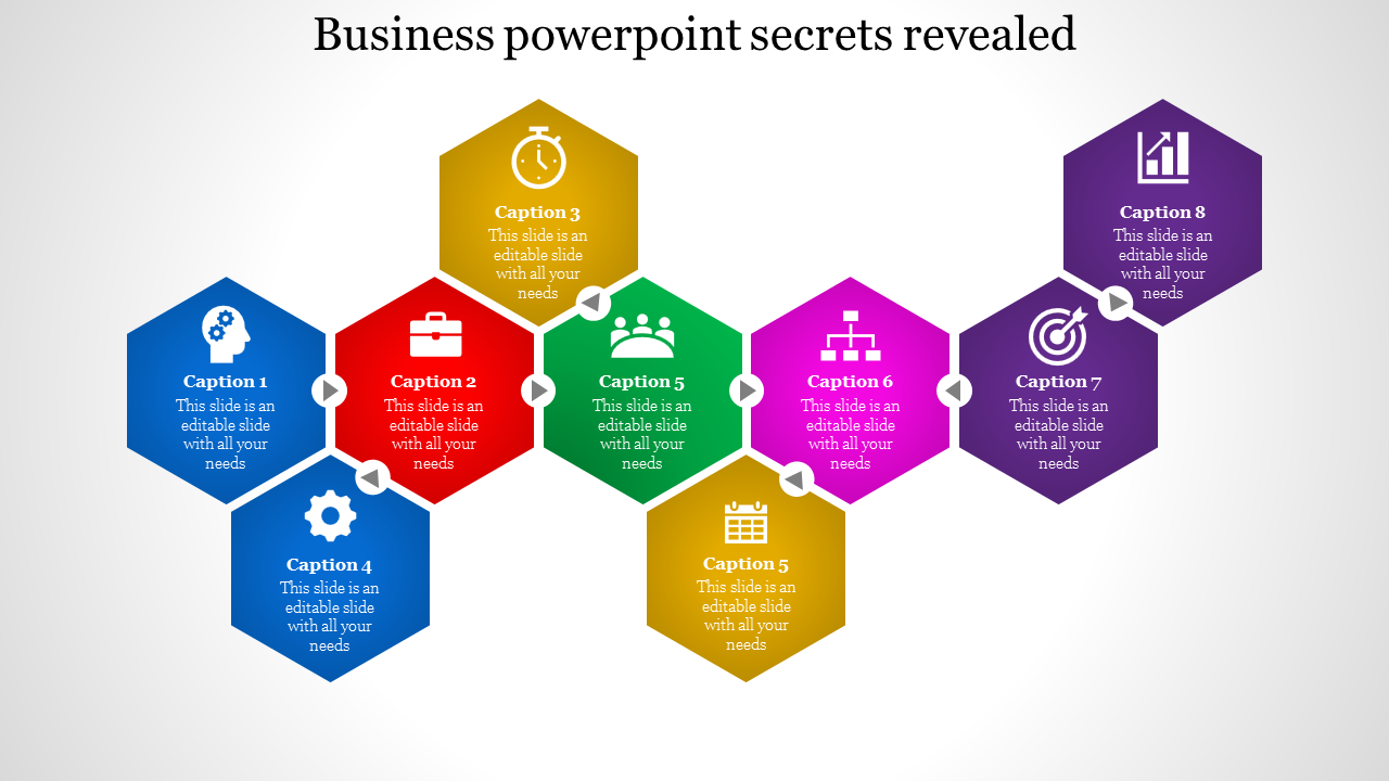 Colorful hexagon diagram with captions and icons illustrating a step-by-step flow for business-related topics.