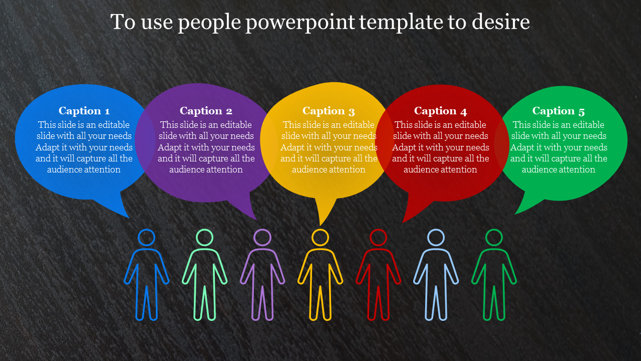 People template featuring five outlined human icons each with  speech bubbles placed in a dark background.