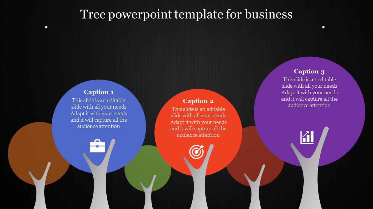 Black background with colorful circular nodes on tree branches, representing business concepts with icons and captions.