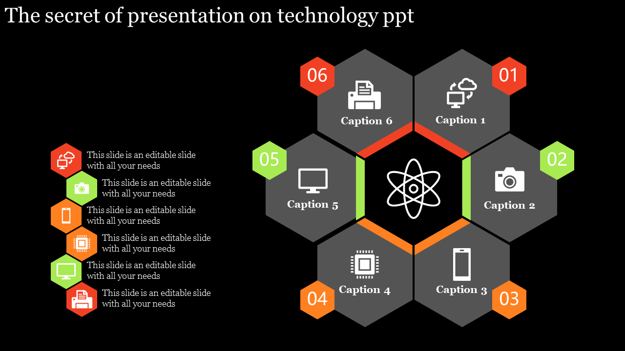 Hexagonal layout featuring six gray tiles with colorful numbers, and icons arranged symmetrically on a black background.