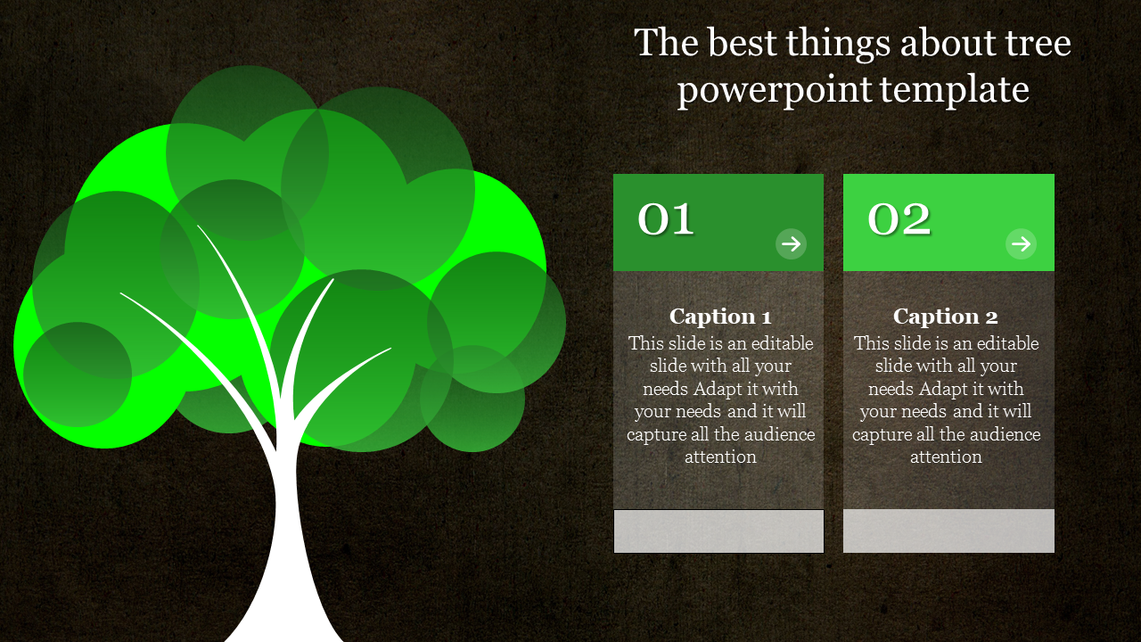 Tree themed slide design with a green abstract tree on the left and two green content blocks for captions on the right.