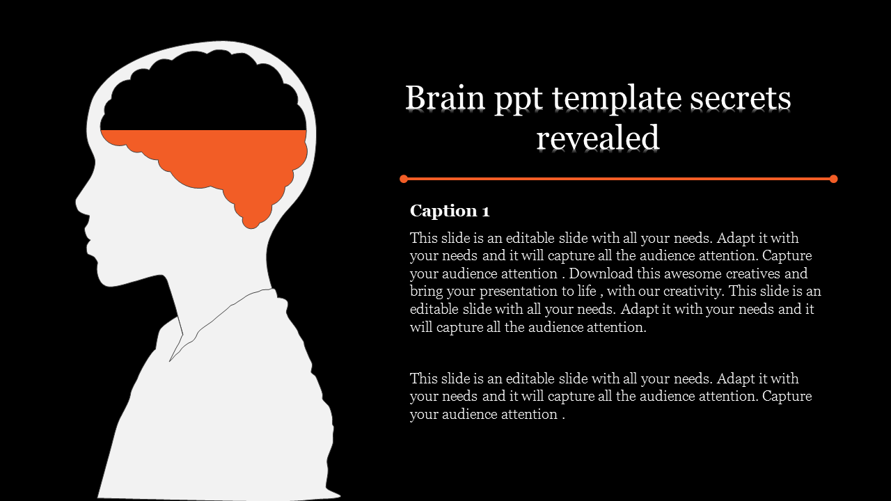 Head profile with a stylized brain illustration, featuring a dark backdrop and placeholder text area.