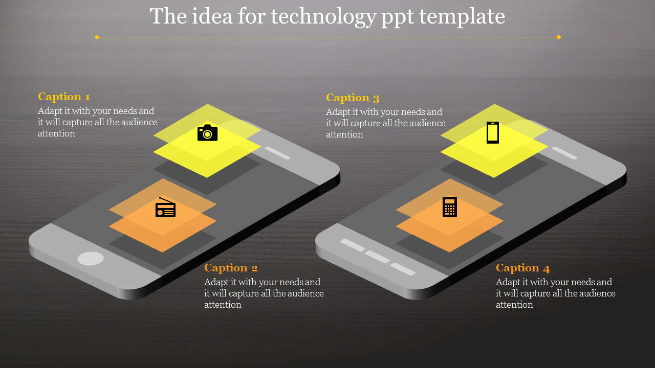 Technology PowerPoint slide featuring mobile phones with icons for photography, radio, and communication, with captions.