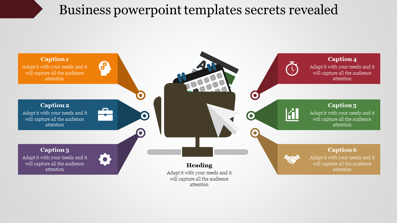 Six-segment business template in various colour with directional arrows and related icons around a folder.