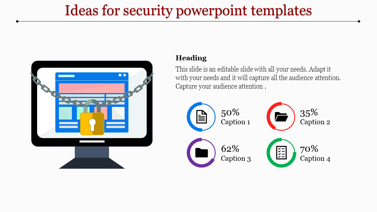 Image of a monitor secured with a chain and lock, paired with four captions displaying percentages and icons for security elements.