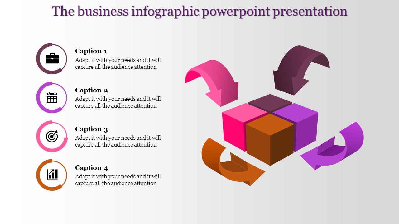 Infographic PowerPoint slide with colorful arrows and cubes with icons and caption text areas.