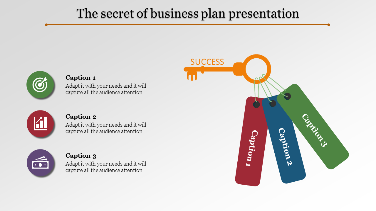 Visual representation of a success key tied to three tags, emphasizing business plan concepts through captions areas.