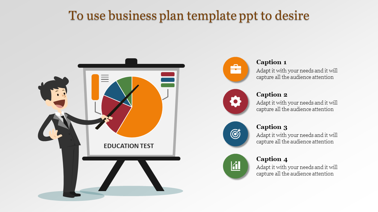 Business themed slide featuring a presenter pointing to a pie chart on a stand, with four colorful captions and icons.