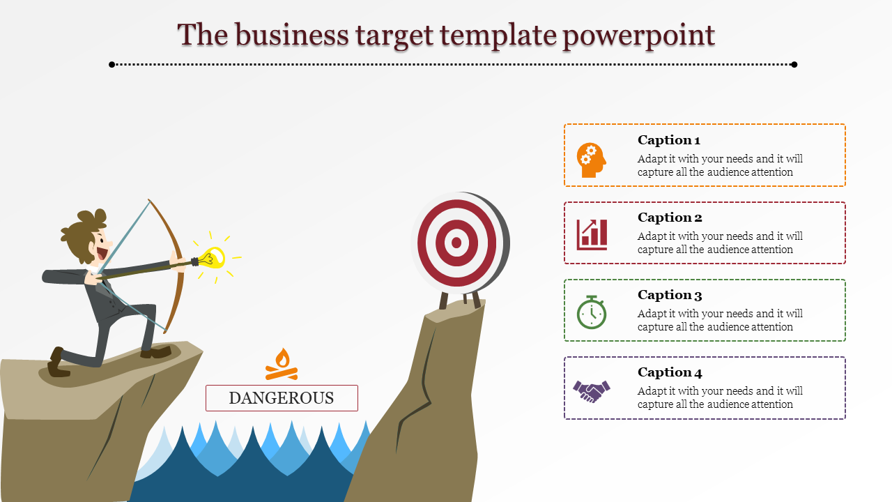 Business target template with a person aiming a bow at a bullseye across a dangerous gap, featuring four caption boxes.