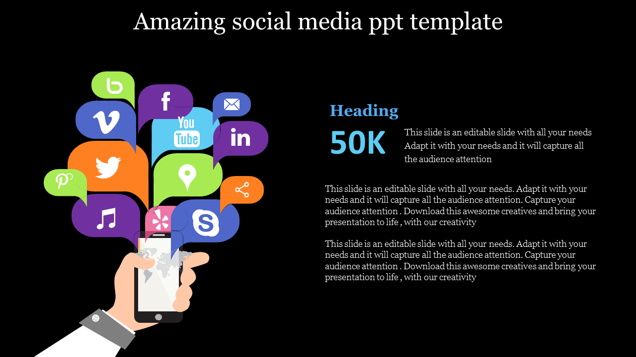 Social media slide featuring icons from various platforms and a phone graphic for engagement on a dark backdrop.