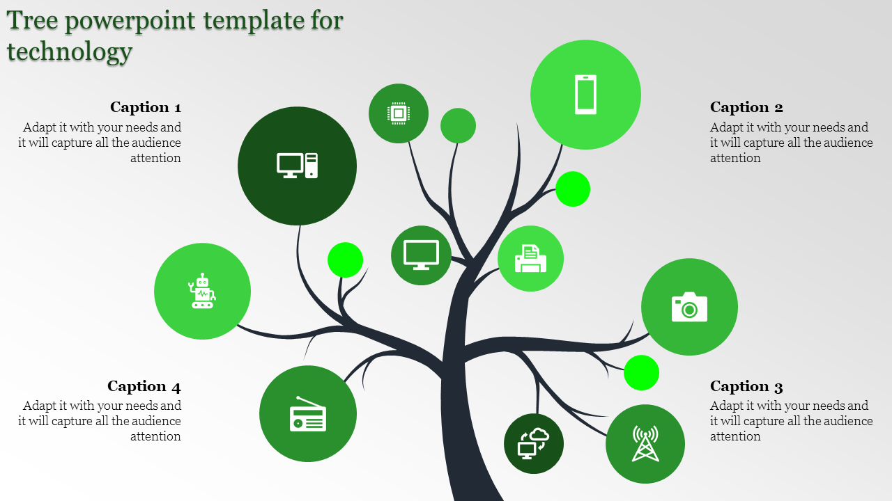 Tree PowerPoint template with technology icons like a robot, camera, phone, and cloud connected to branches with captions.