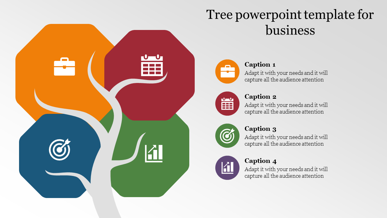 Business-themed tree infographic with icons for planning, goals, and performance, arranged in colorful hexagons.