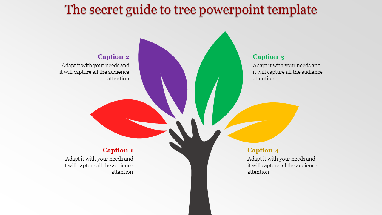 Creative tree diagram in a PowerPoint template with vibrant leaves representing different categories with captions.