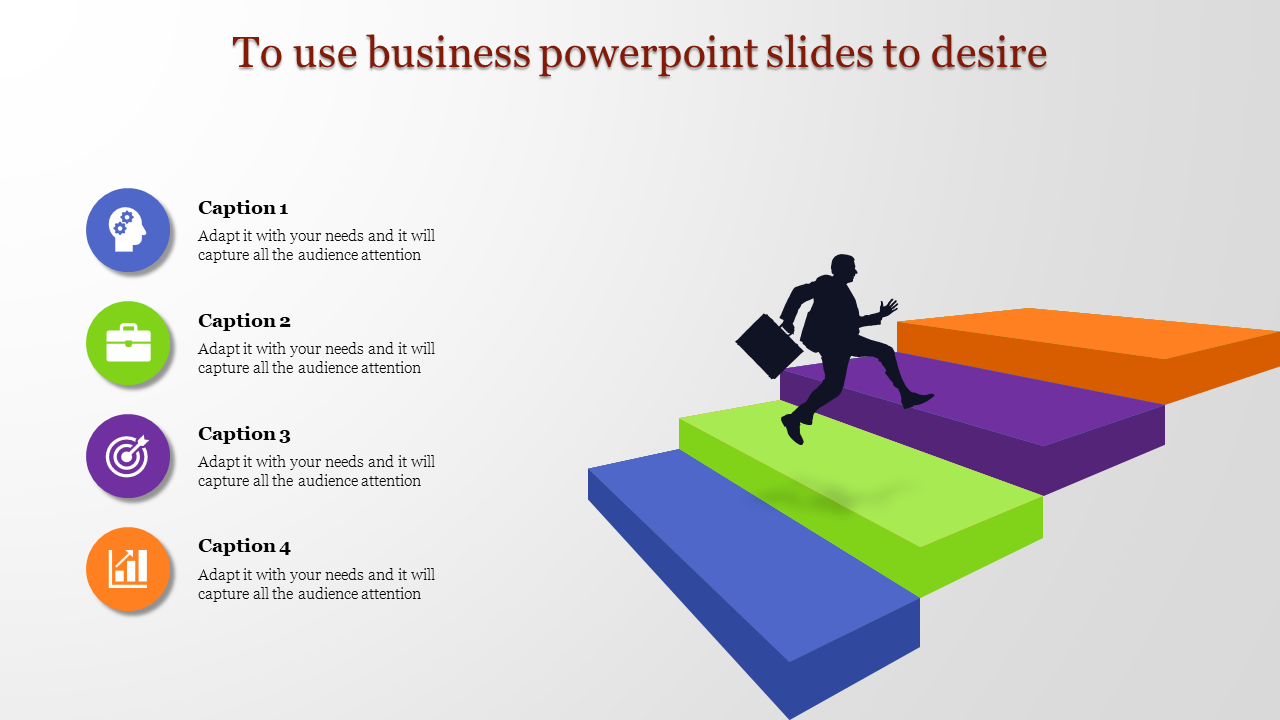 Business slide showing a person climbing colorful steps, representing progress in a business journey with icons and captions.