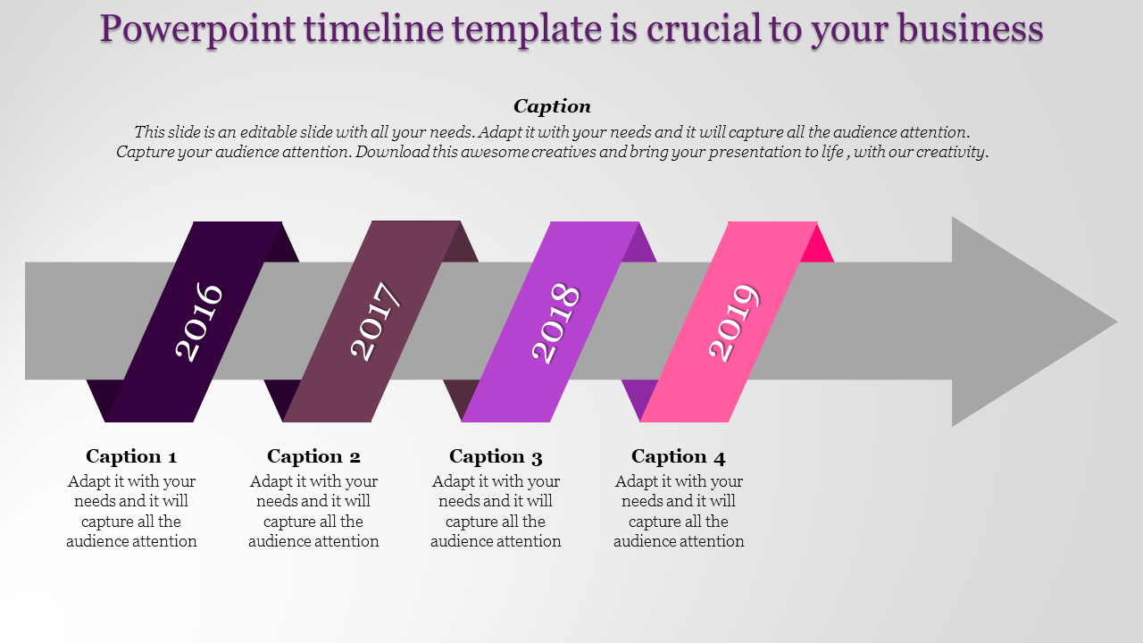 Timeline PowerPoint design slide with colorful arrows and years indicating a progression from 2016 to 2019 with captions.