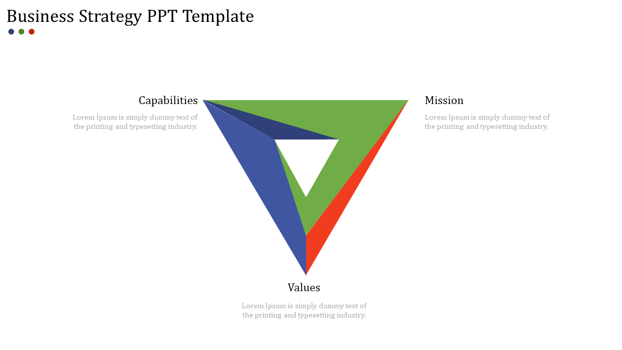 Business strategy PPT template with a triangle representing capabilities, values, and mission with placeholder text.