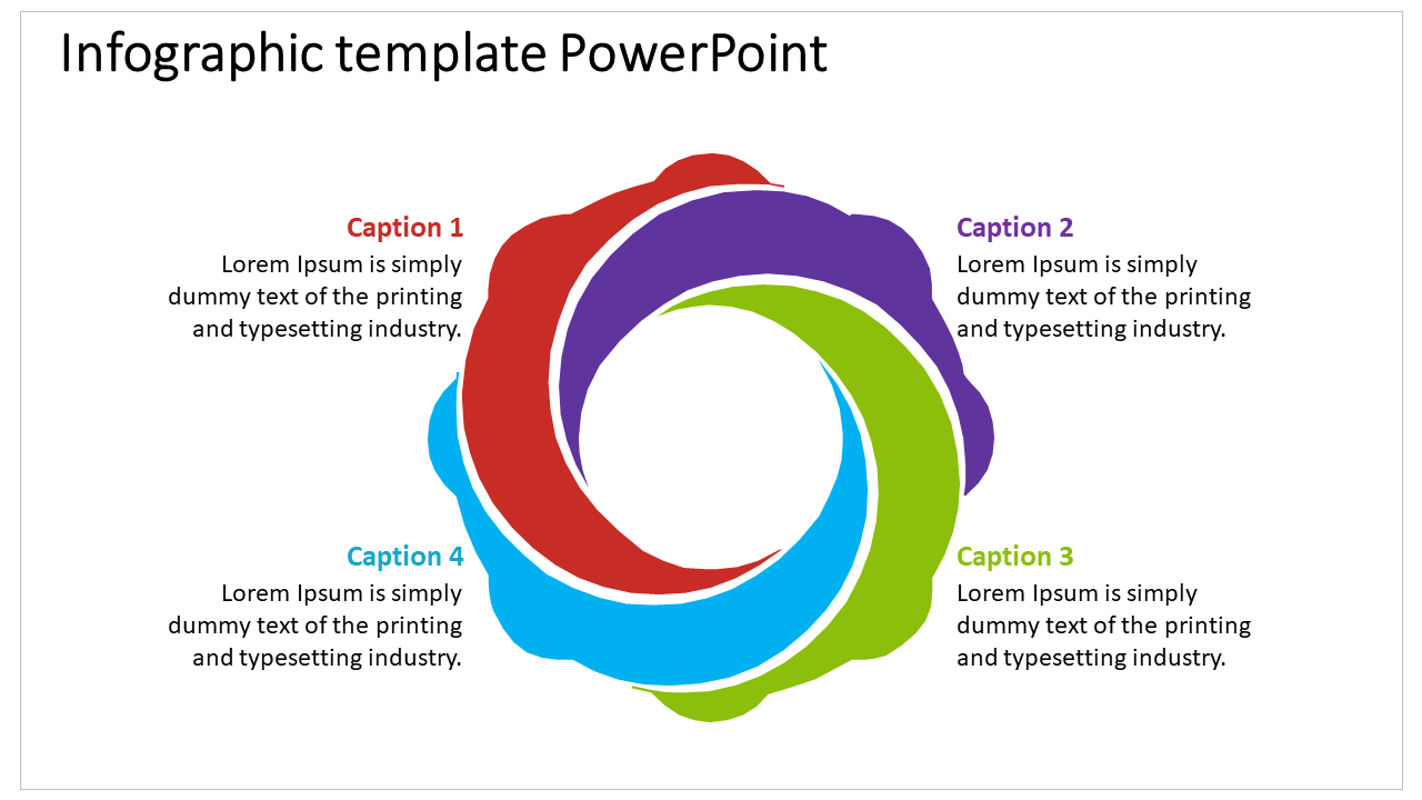 Slide featuring a colorful circular swirl design in red, purple, green, and blue, surrounded by captions.