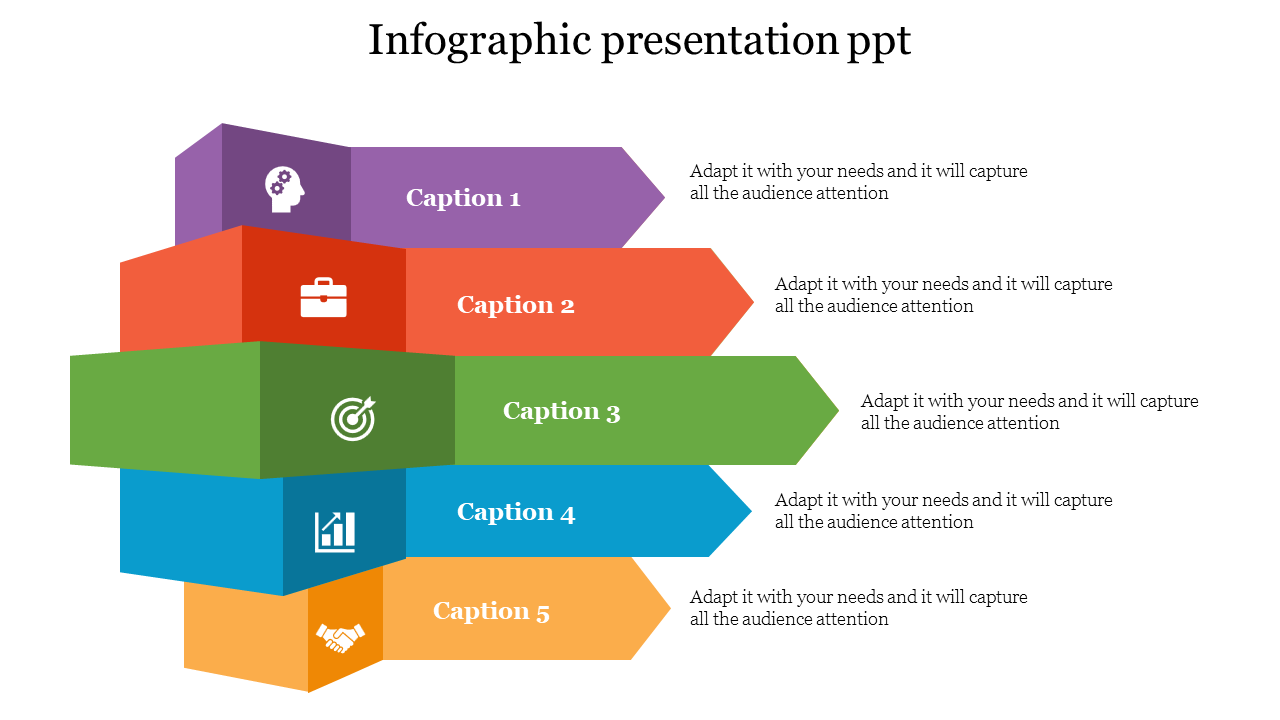 A stacked diagram with five multicolored, arrow shaped layers, each containing an icon and caption on the right.