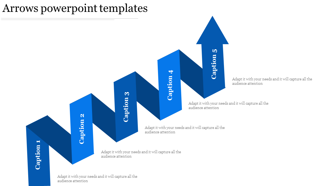 PPT slide with five blue arrows, each labeled with a caption for business flow with placeholder text on a white backdrop.