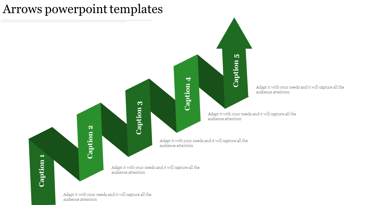 Zigzagging green blocks labeled 1 to 5, forming a staircase that leads up to a large arrow pointing upward.