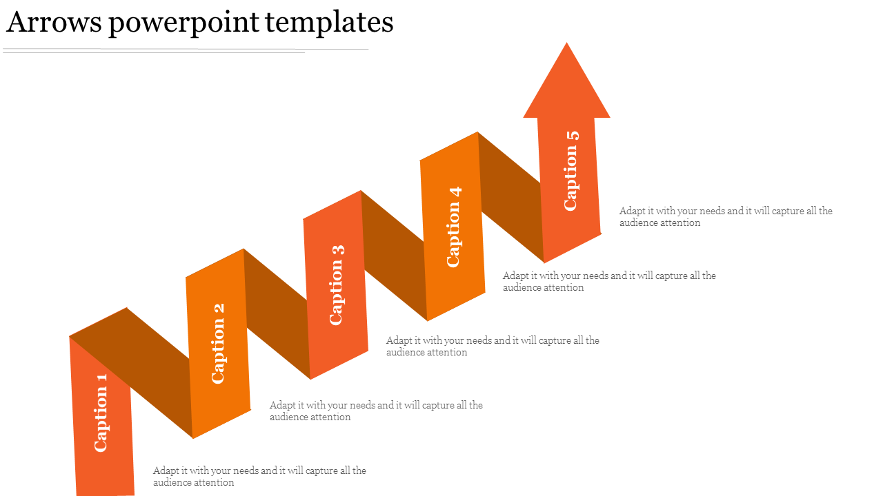 Orange arrow template with five zigzag steps, each labeled with captions and arranged diagonally.