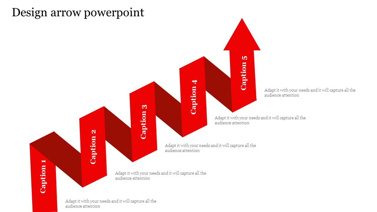 Red zigzag arrow PowerPoint template with five labeled steps illustrating a progressive upward path with captions.