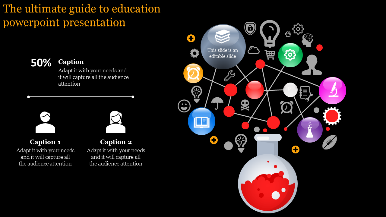 Slide showing a connected network of colorful icons emerging from a red flask, paired with captions, on a dark background.